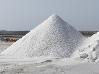 Glistening mountains of salt in the salt fields of Es Trenc, Mallorca, Balearic Islands, Spain