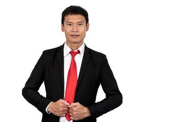 Portrait image of Asian business man wearing black suit standing and smile On white isolated background, to people and business concept