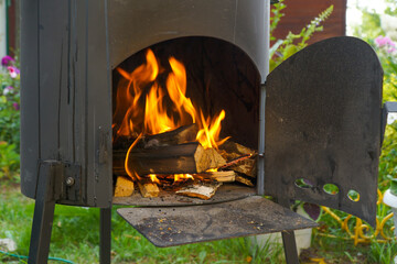 Burning birch firewood in a black iron stove.