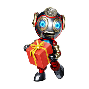 The little robot carrying a red present in front of a white backdrop is rendered in 3D.