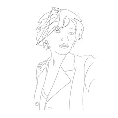 sketch of a girl, contour drawing of a beautiful girl, glasses on her hair