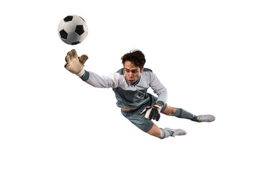 Fototapeta na wymiar Soccer goalkeeper that makes a great save and avoids a goal