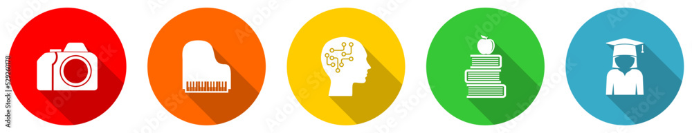 Poster set of colorful web flat design education vector icons, arts, study concept buttons