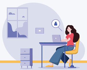 Happy woman employee sitting at desk or computer table in the office.