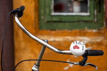 Copenhagen, Denmark, A bicycle with an I Love CPH bell in Nyboder, a historic row house district of...