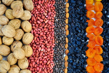 Different nuts and dried fruits. Healthy food.