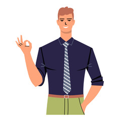 A young man in a dark shirt and tie shows Okay, ok. Business man, manager, office worker isolated on white background. The character smiles and gestures. Flat style. Vector.