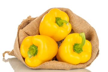 Three sweet peppers of bright yellow color in a jute bag, macro, isolated on a white background.