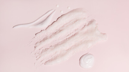 Sample beauty products for facial skin care on pink background. Cleanser foam, tonic, oil serum essence drop and moisturizer cream smear