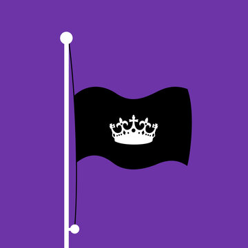 Death of queen or king - black flag with crown on flagpost as symbol of dead monarch in monarchy. Vector illustration isolated on plain purple background.