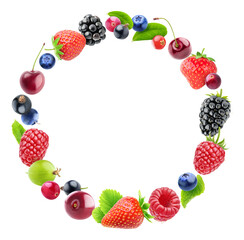 Fresh berries (strawberry, cherry, blackberry, raspberry and others) in a circular frame cut out