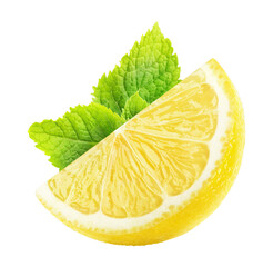 Wedge of lemon fruit with with mint leaf cutout - obrazy, fototapety, plakaty