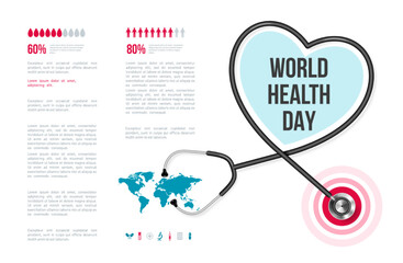 Stethoscope, heart shaped frame infograph poster. World health day infographics banner. Vector illustration. Healthcare background medical template, cardiology equipment, cardiologist instrument