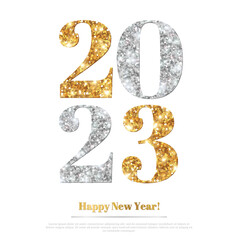 Happy New Year Banner, Gold 2023 Numbers on Bright Background. Vector illustration. Minimal logo invitation design. Merry Christmas Winter holiday poster brochure voucher template.