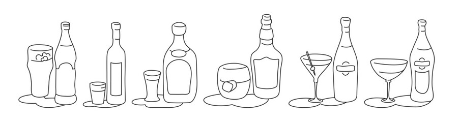 Beer vodka tequila whiskey martini vermouth bottle and glass outline icon on white background. Black white cartoon sketch graphic design. Doodle style. Hand drawn image. Party drinks concept
