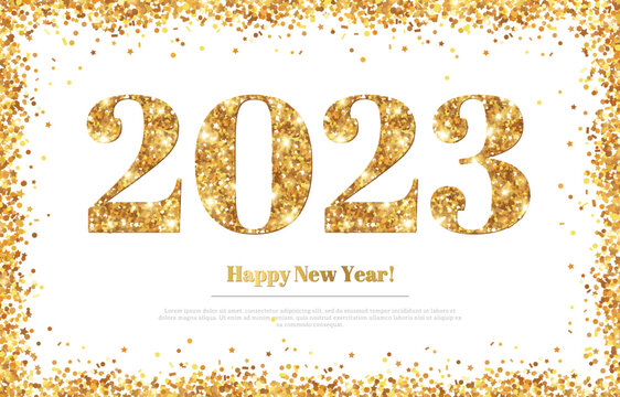 Happy New Year 2023 logo, Greeting Card with Gold Numbers and Confetti Frame on White Background. Vector Illustration. Merry Christmas Flyer Poster Design, Winter holiday brochure voucher template.