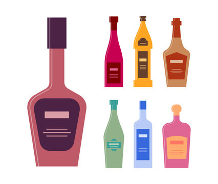 Bottle of liquor wine beer whiskey vermouth vodka rum. Graphic design for any purposes. Flat style. Color form. Party drink concept. Simple image shape