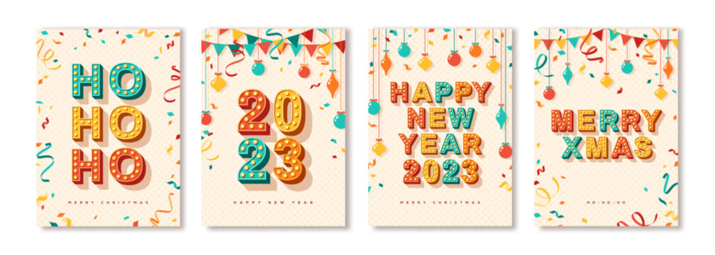 Set of 2023 Merry Christmas and Happy New Year cards or banners with retro typography font design. Vector illustration. Holiday poster, vintage baubles confetti, hanging flag garland. Place for text