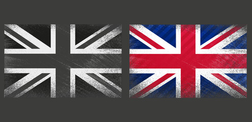 A monochrome full frame image of an old stained dirty union jack british flag with dark crumpled edges. The national mourning flag of England and the regular colored British flag.