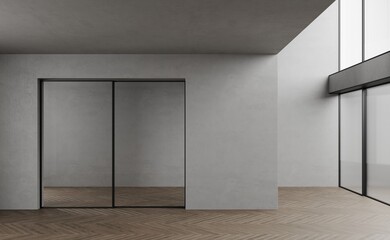 Empty open plan corridor or space,concrete wall and oak parquet. Entrance glass doors. Two story room, penthouse. Panoramic floor to ceiling windows. 3d render