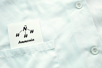 A piece of paper with ammonia and the structure of NH3 written and drawn on it appears from a poket...