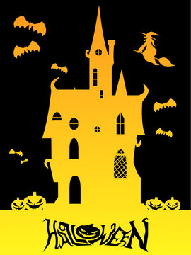 Halloween image vector illustration. Haunted house.
Yellow castle on black background.
