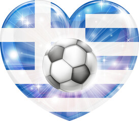 Naklejka premium Greece soccer football ball flag love heart concept with the Greek flag in a heart shape and a soccer ball flying out