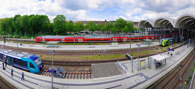 Kiel, Germany, 2022: Shot of Kiel's main train station in summer during the travel season. Kiel is a hotspot for cruises on the Baltic Sea.