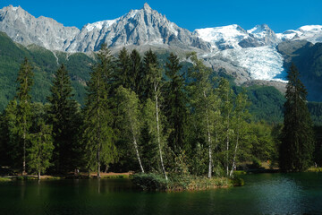 Amazing landscape with snowy Mont Blanc massif and Lake Chavant in Les Houches , Chamonix, Haute Savoie, France
