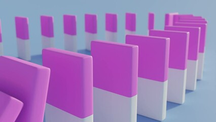 3d render video of pink and white domino pieces falling on blue background