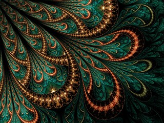 Symmetrical Gold Green fractal flower, digital artwork for creative graphic - 529264107