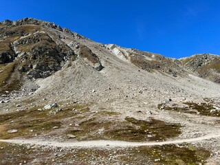 Hiking trails or mountaineering routes of the Silvretta Alps mountain range and in the Swiss Alps massif, Davos - Canton of Grisons, Switzerland (Kanton Graubünden, Schweiz)