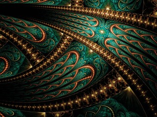 Obraz premium Symmetrical Gold Green fractal flower, digital artwork for creative graphic