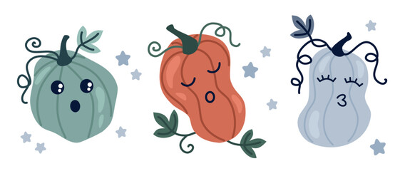 Set of cute pumpkins colored doodle