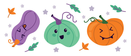 Set of cute pumpkins colored doodle