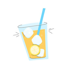 Illustration of a glass of lemonade with ice cubes, lemon slices and straw