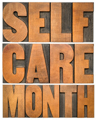 self care month - isolated word abstract in letterpress wood type, reminder of annual event (September)