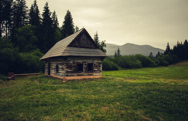 Old and weathered hut - chamkova stodol under the Kralova Hola mountain in rainy day. Old cabin in the green forest meadow with mountains on background - Slovakia, Europe. © Matt Benzero