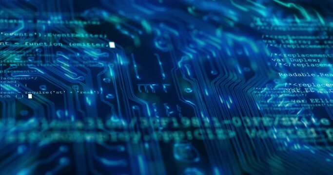 Fast internet, big data or coding software system for futuristic, information technology or cyberpunk security blue dark background. Cloud computing, digital scifi code or ai digital programming