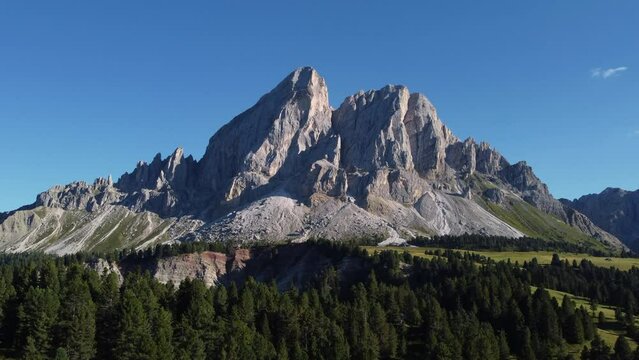 Sass de Putia mountain in Passo delle Erbe Pass or W&uuml;rzjoch in South Tyrol, Dolomites Italy. Trentino Alto Adige aerial view.
