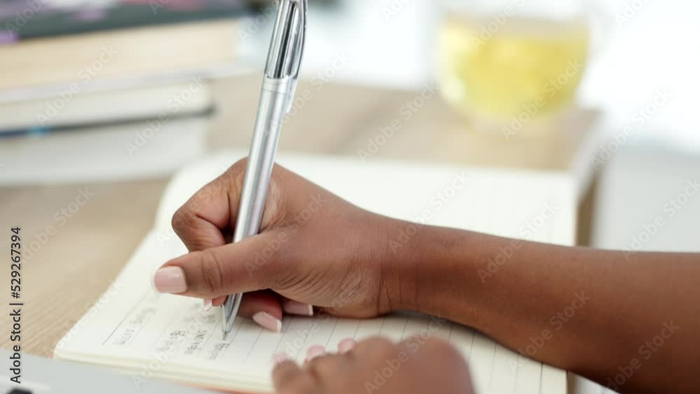 Leinwandbilder Hands typing, writing and computer research for study exam, test or report for university or school. Scholarship student using technology for learning and studying writing data summary in a notebook