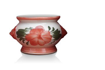 white and orange and green ceramic pot on white background, object, decor, gift, copy space