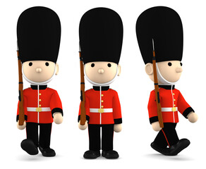 Toy soldier Queen's Guard in traditional uniform with gun standing, walking, British soldier, 3D illustration