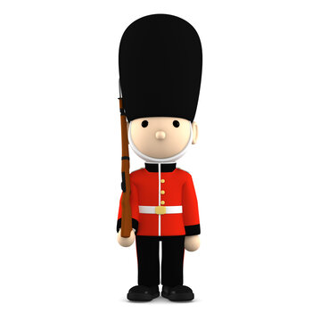 Toy soldier Queen's Guard in traditional uniform with gun standing, British soldier, 3D illustration