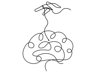 Abstract hand with brain as line drawing on white background