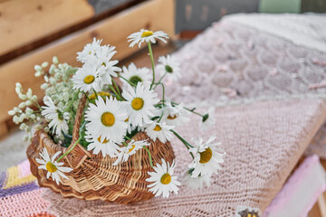 Wild meadow daisies in wicker basket, knitted patchwork tablecloth on table of rural house.