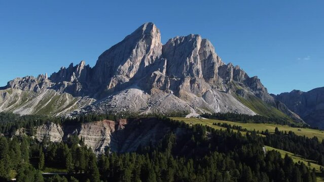 Sass de Putia mountain in Passo delle Erbe Pass or W&uuml;rzjoch in South Tyrol, Dolomites Italy. Trentino Alto Adige aerial view.