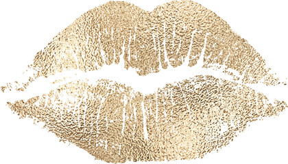 Lip imprint with golden texture isolated on transparent background. Decorative element for print or design.	