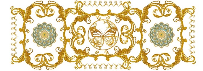 Golden pattern with ornaments, butterflies, art style.