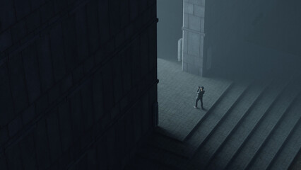 Man taking photo in front of large doorway in concrete brutalist architecture building © Crane Design